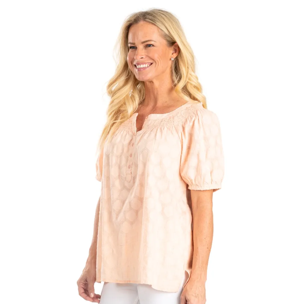 Peach Peasant Top with a Hint of Lurex