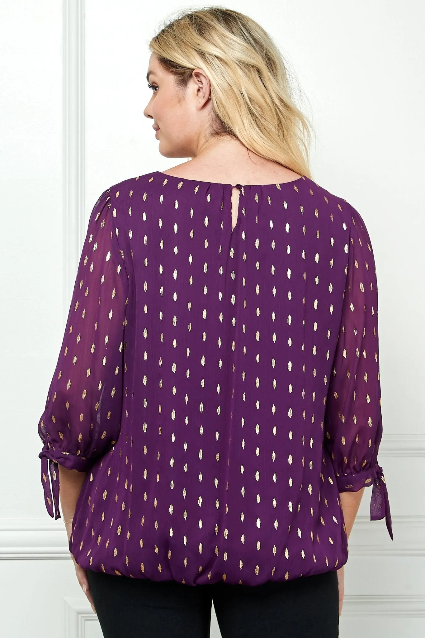 Plum 3/4 Tie Sleeve Bubble Blouse - Plus