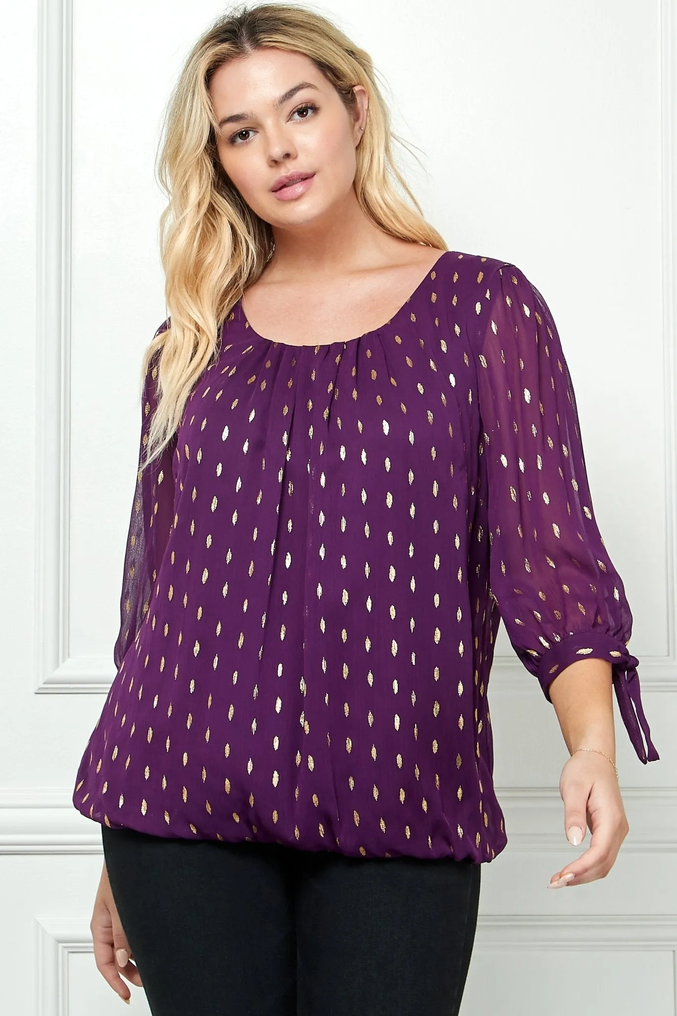 Plum 3/4 Tie Sleeve Bubble Blouse - Plus