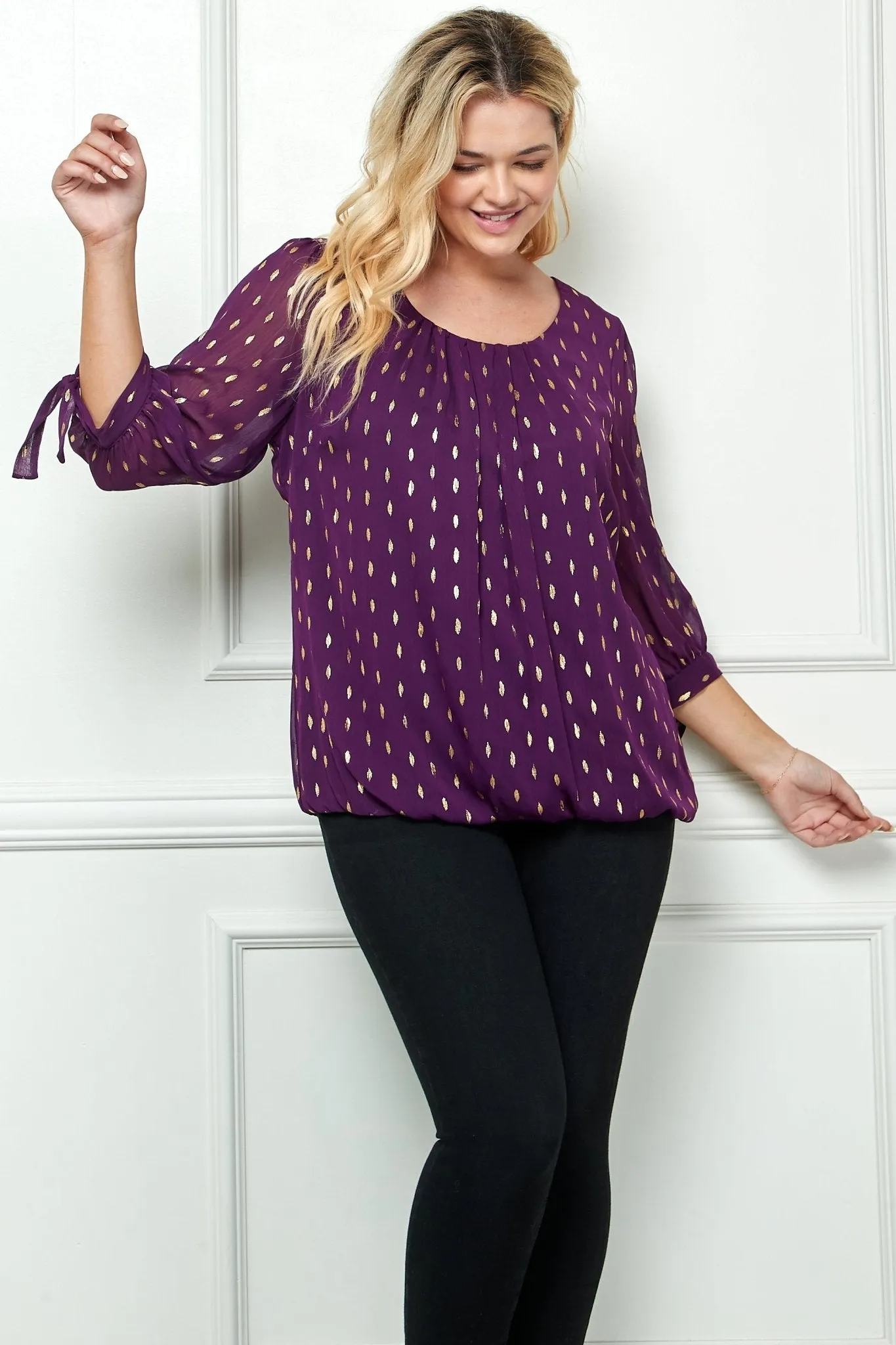 Plum 3/4 Tie Sleeve Bubble Blouse - Plus