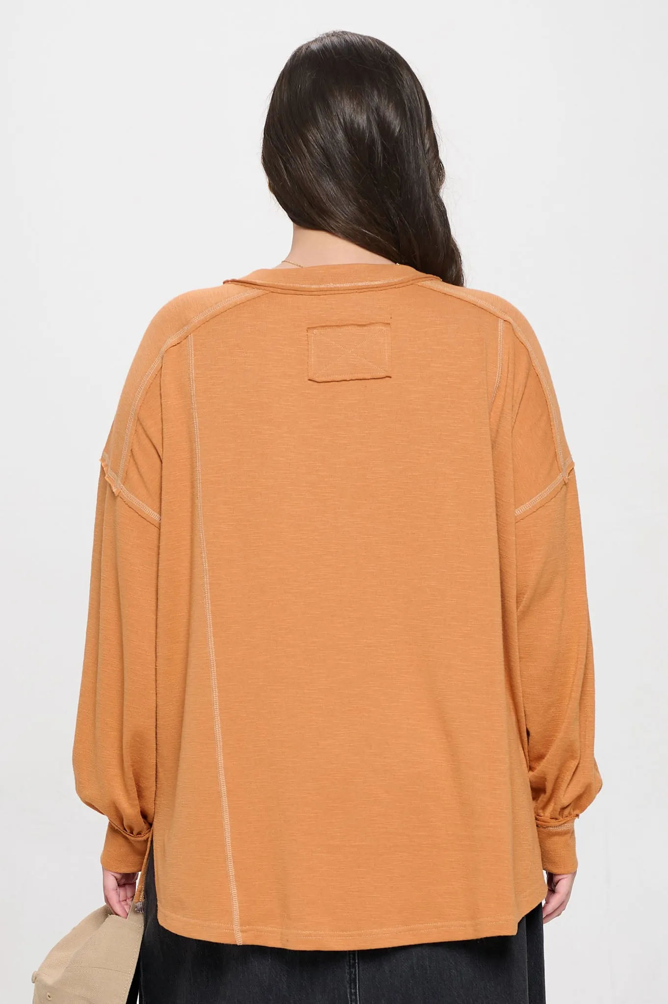 PLUS CONTRAST STITCH LONG SLEEVE HENLEY KNIT TOP