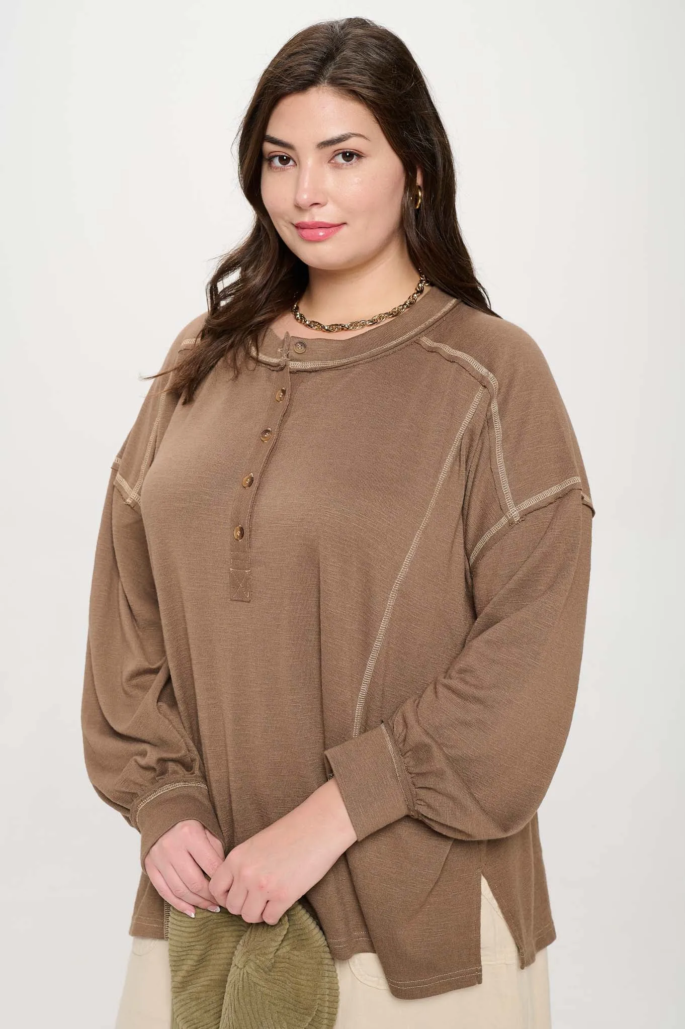 PLUS CONTRAST STITCH LONG SLEEVE HENLEY KNIT TOP