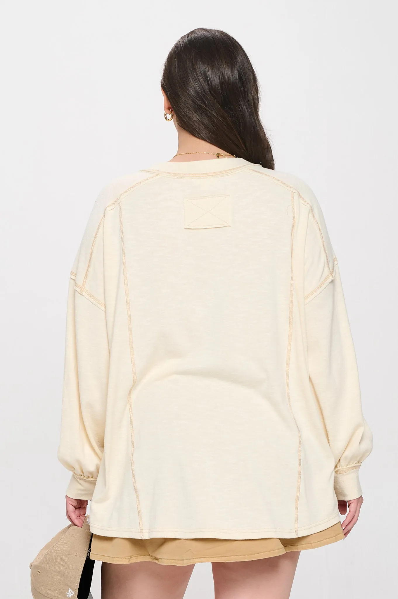 PLUS CONTRAST STITCH LONG SLEEVE HENLEY KNIT TOP