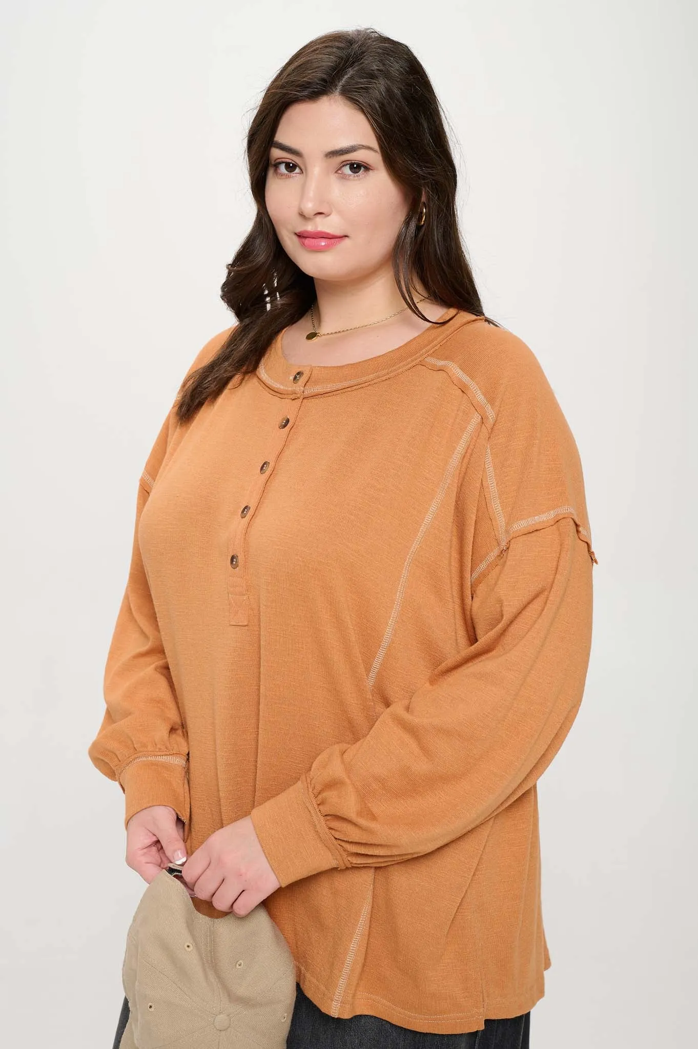 PLUS CONTRAST STITCH LONG SLEEVE HENLEY KNIT TOP