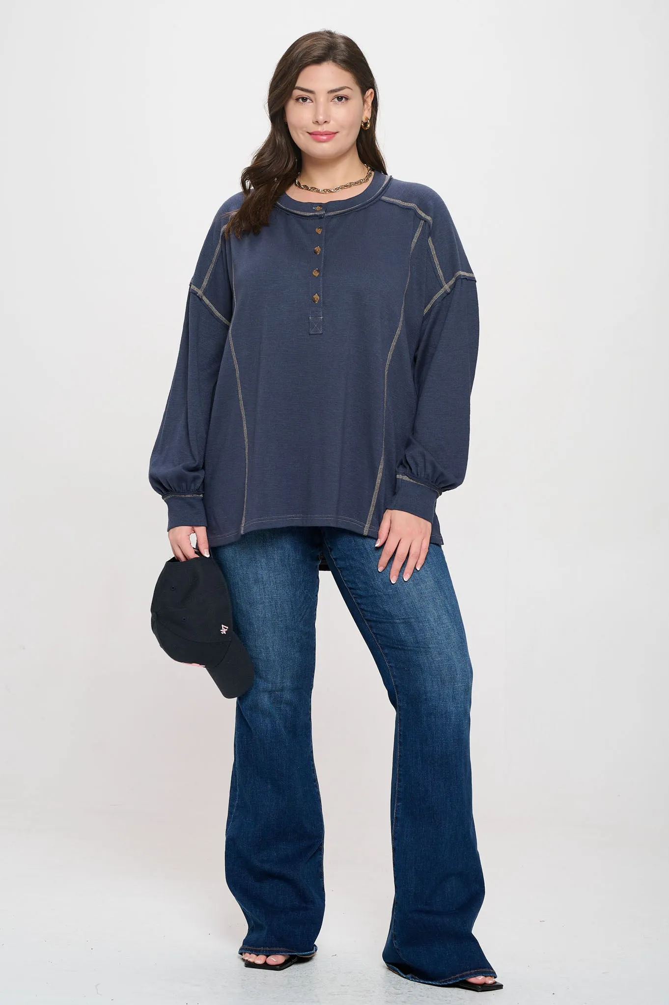 PLUS CONTRAST STITCH LONG SLEEVE HENLEY KNIT TOP