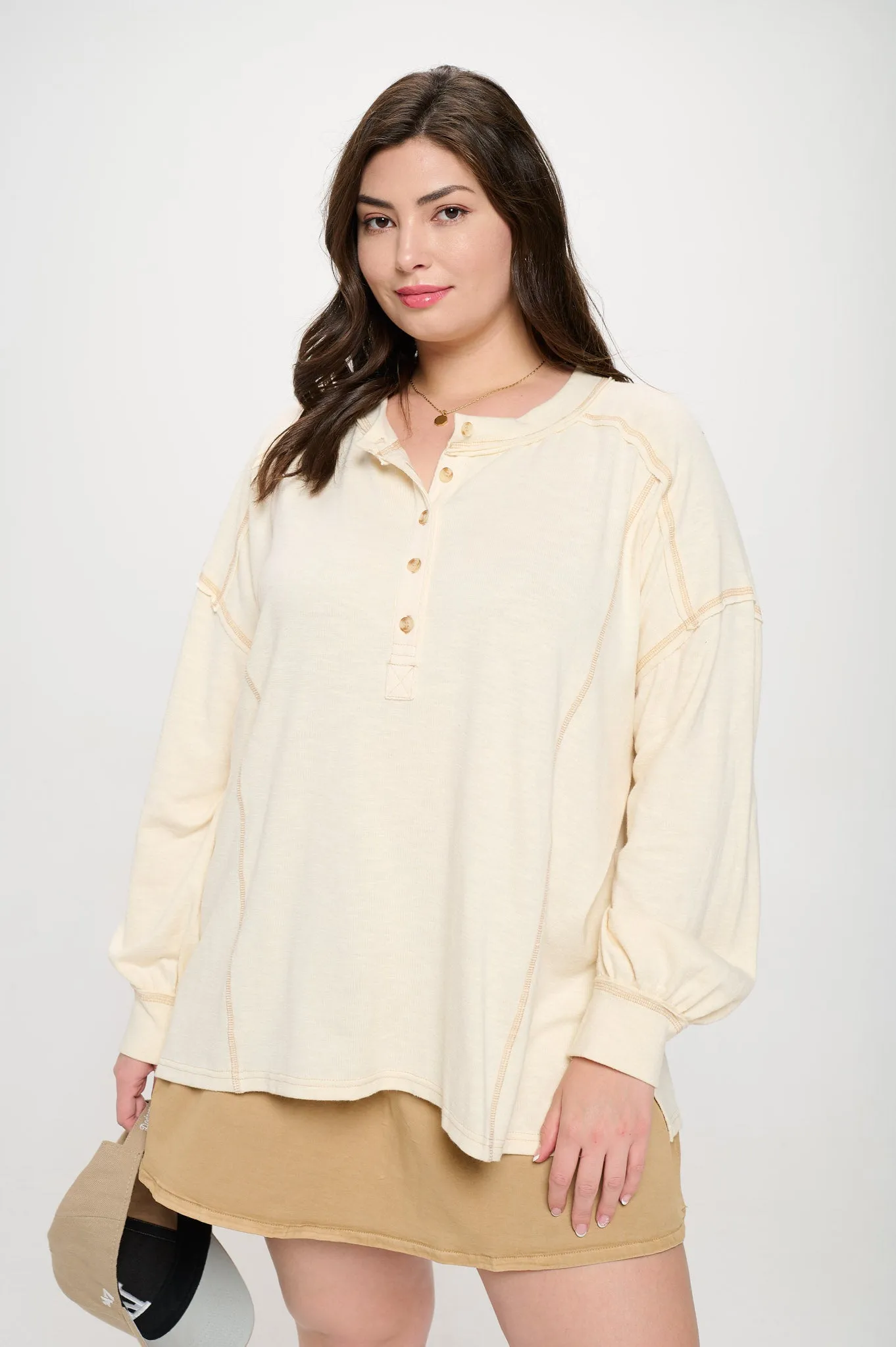 PLUS CONTRAST STITCH LONG SLEEVE HENLEY KNIT TOP