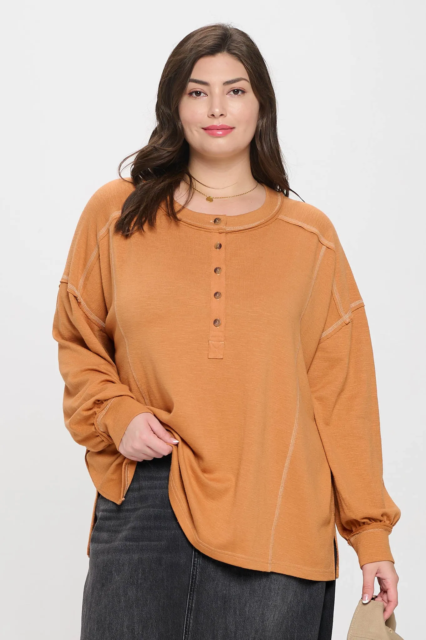 PLUS CONTRAST STITCH LONG SLEEVE HENLEY KNIT TOP