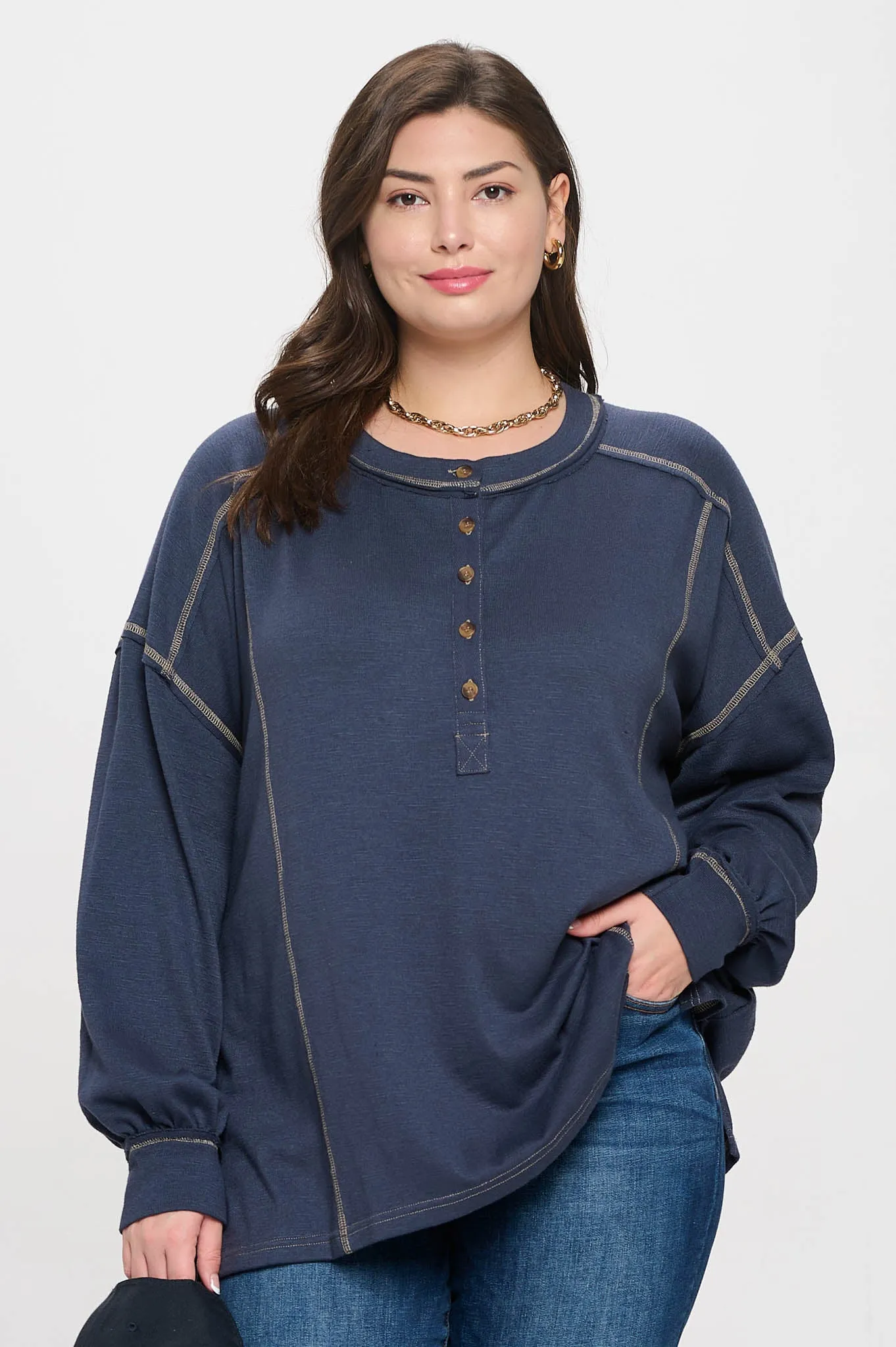 PLUS CONTRAST STITCH LONG SLEEVE HENLEY KNIT TOP