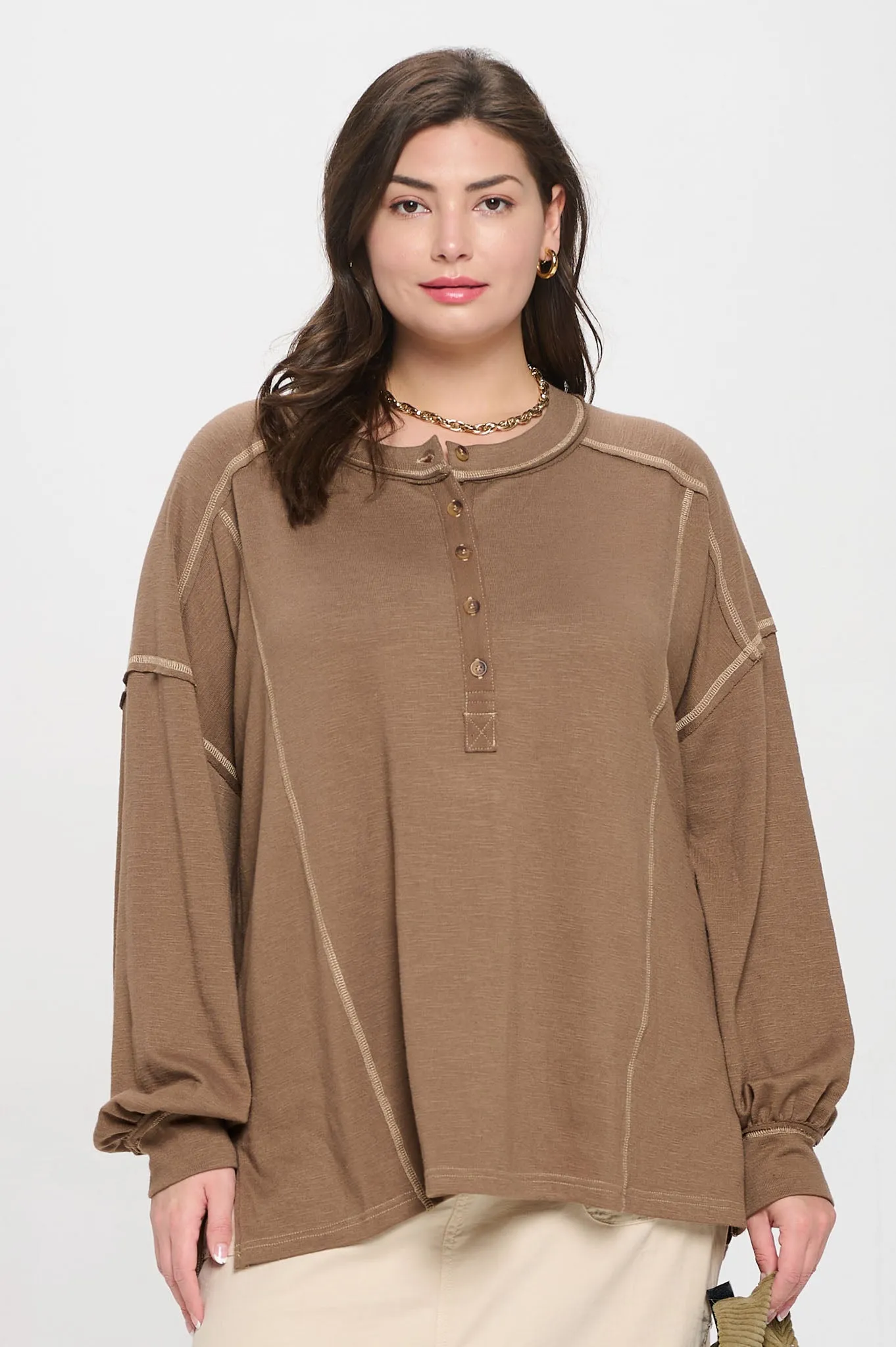 PLUS CONTRAST STITCH LONG SLEEVE HENLEY KNIT TOP