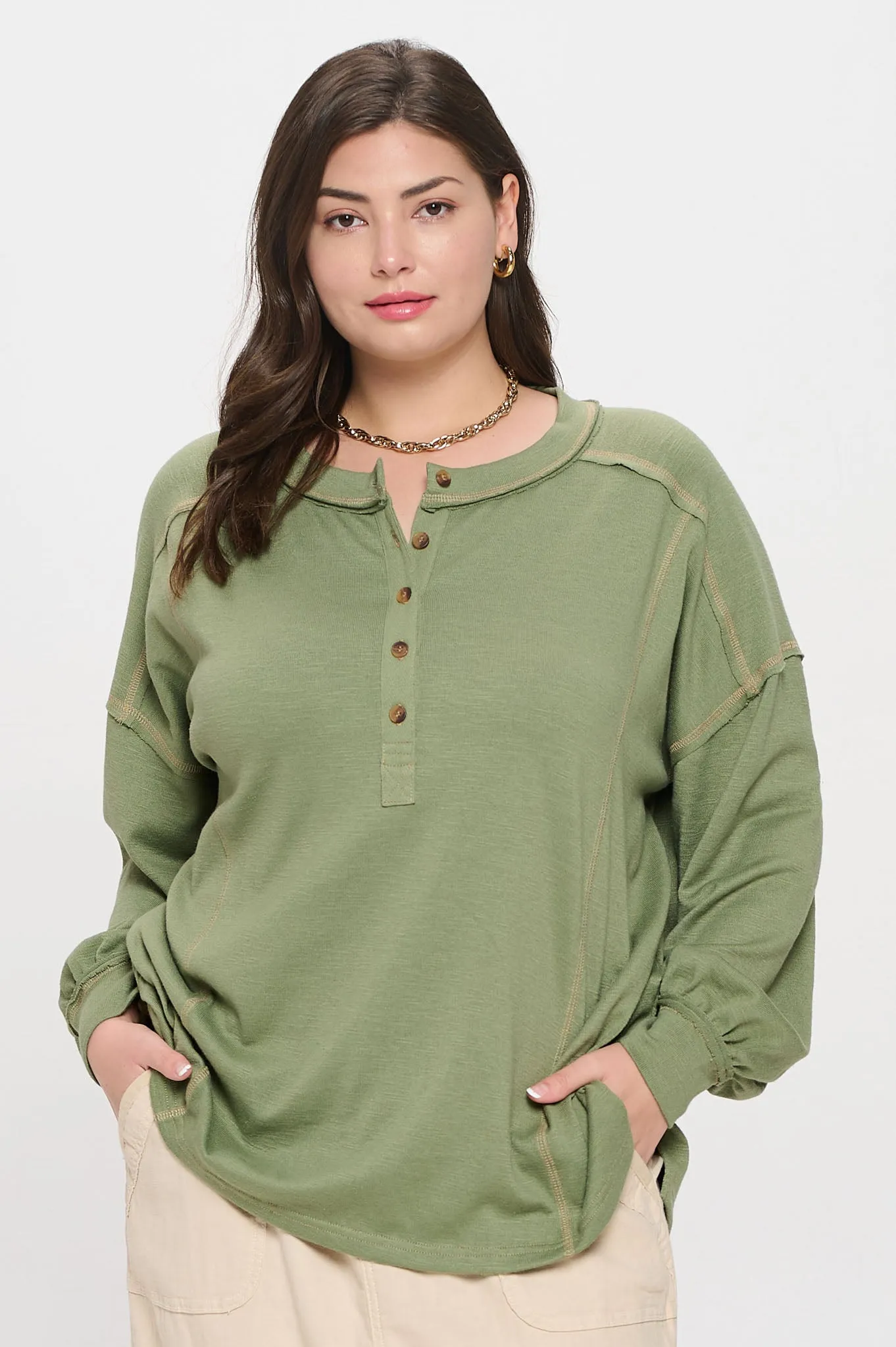 PLUS CONTRAST STITCH LONG SLEEVE HENLEY KNIT TOP