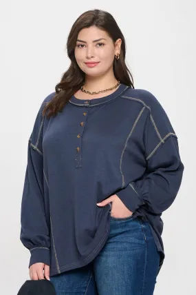 PLUS CONTRAST STITCH LONG SLEEVE HENLEY KNIT TOP