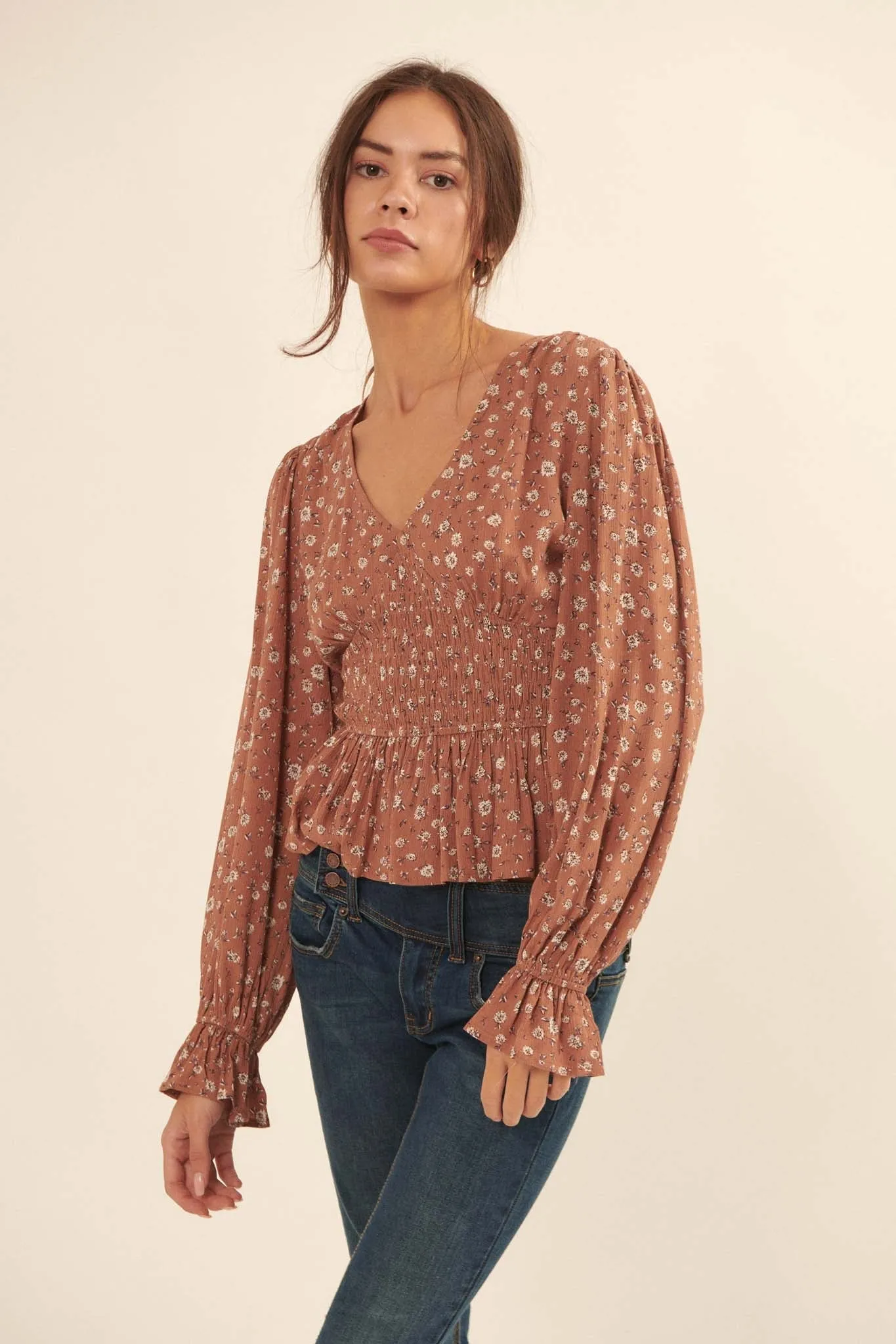 Prairie Blossoms Smocked Floral Peasant Top