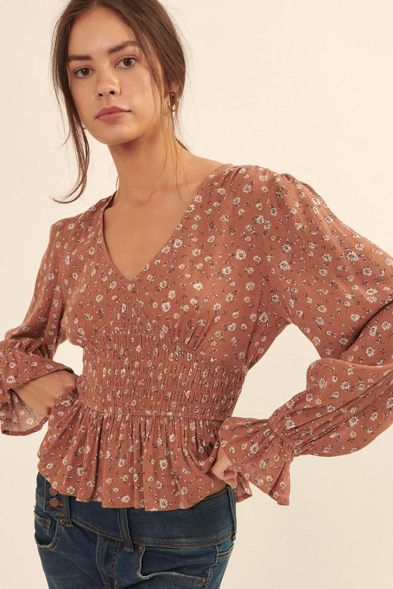 Prairie Blossoms Smocked Floral Peasant Top