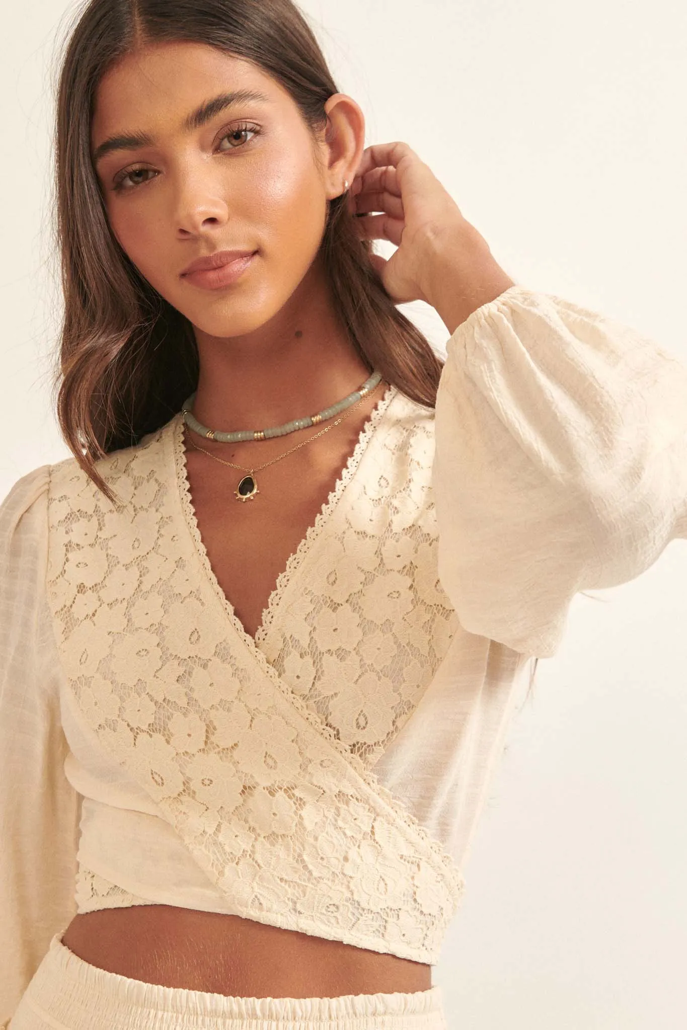 Spring to Life Lace-Trimmed Cropped Wrap Top