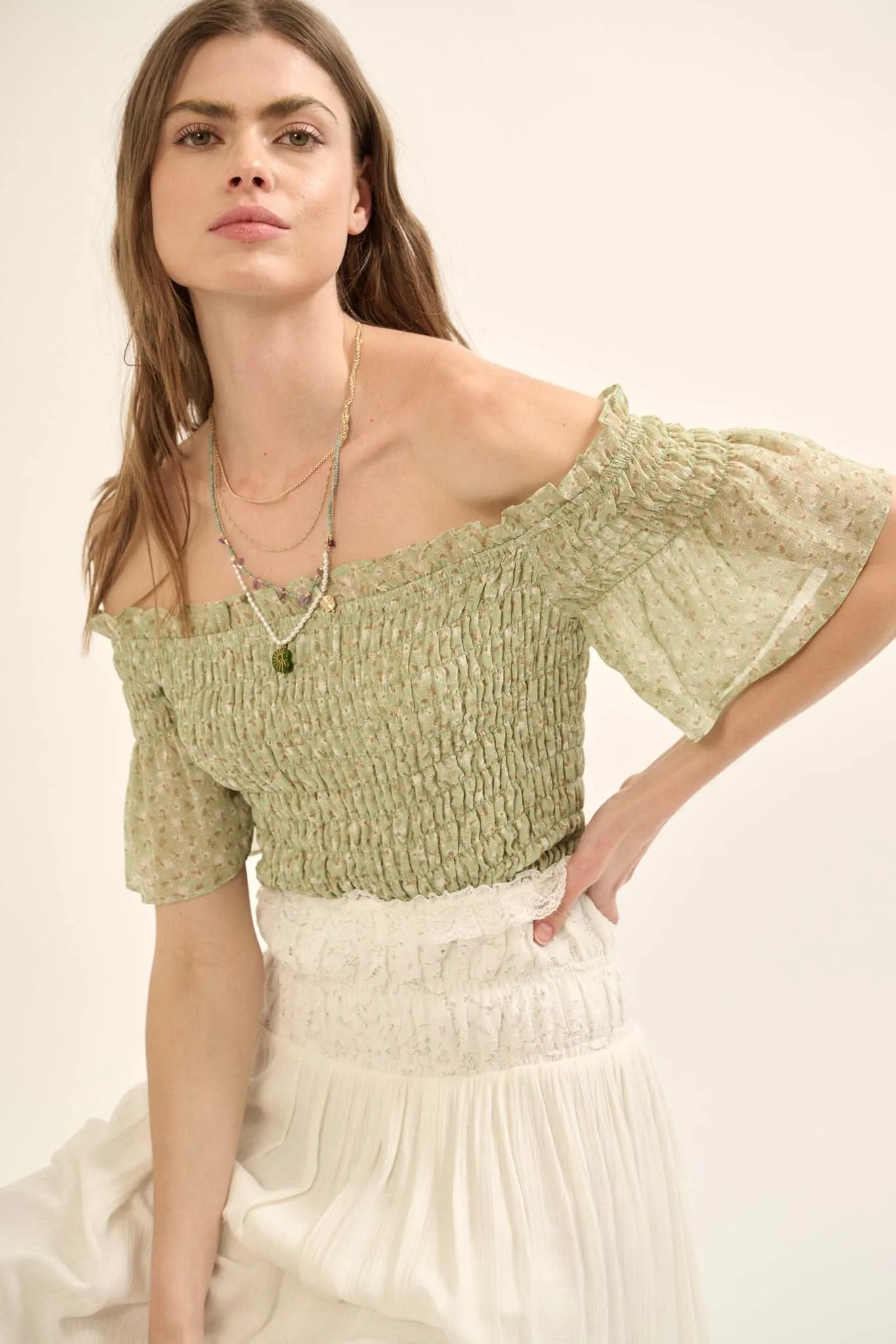 Sunlit Glade Smocked Floral Off-Shoulder Top