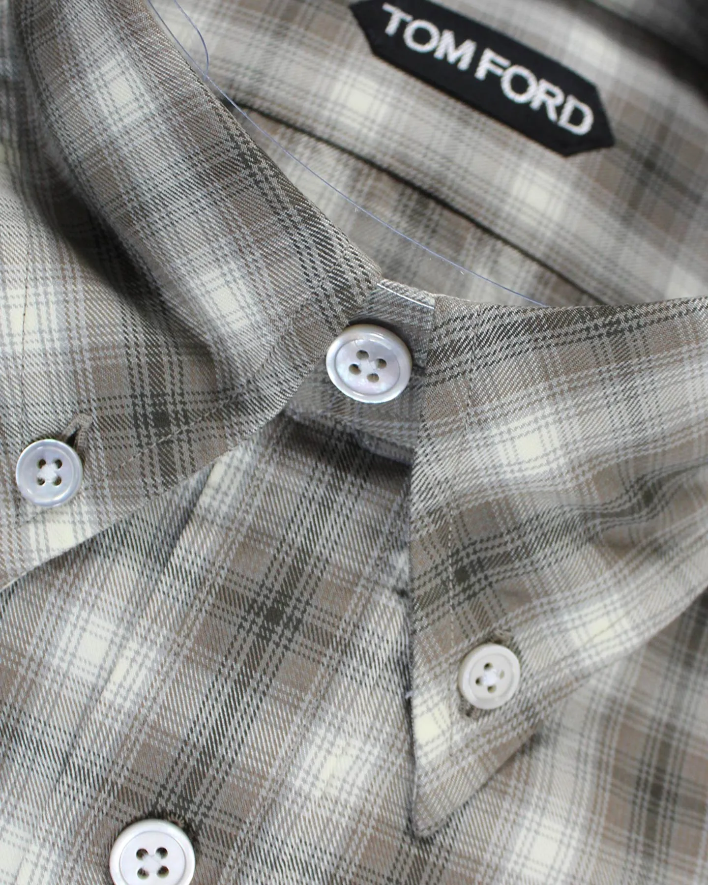 Tom Ford Button Down Sport Shirt Taupe Gray Plaid Check 39 - 15 1/2 REDUCED SALE