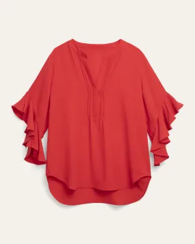 Trista Ruffle Sleeve Henley Blouse | Red