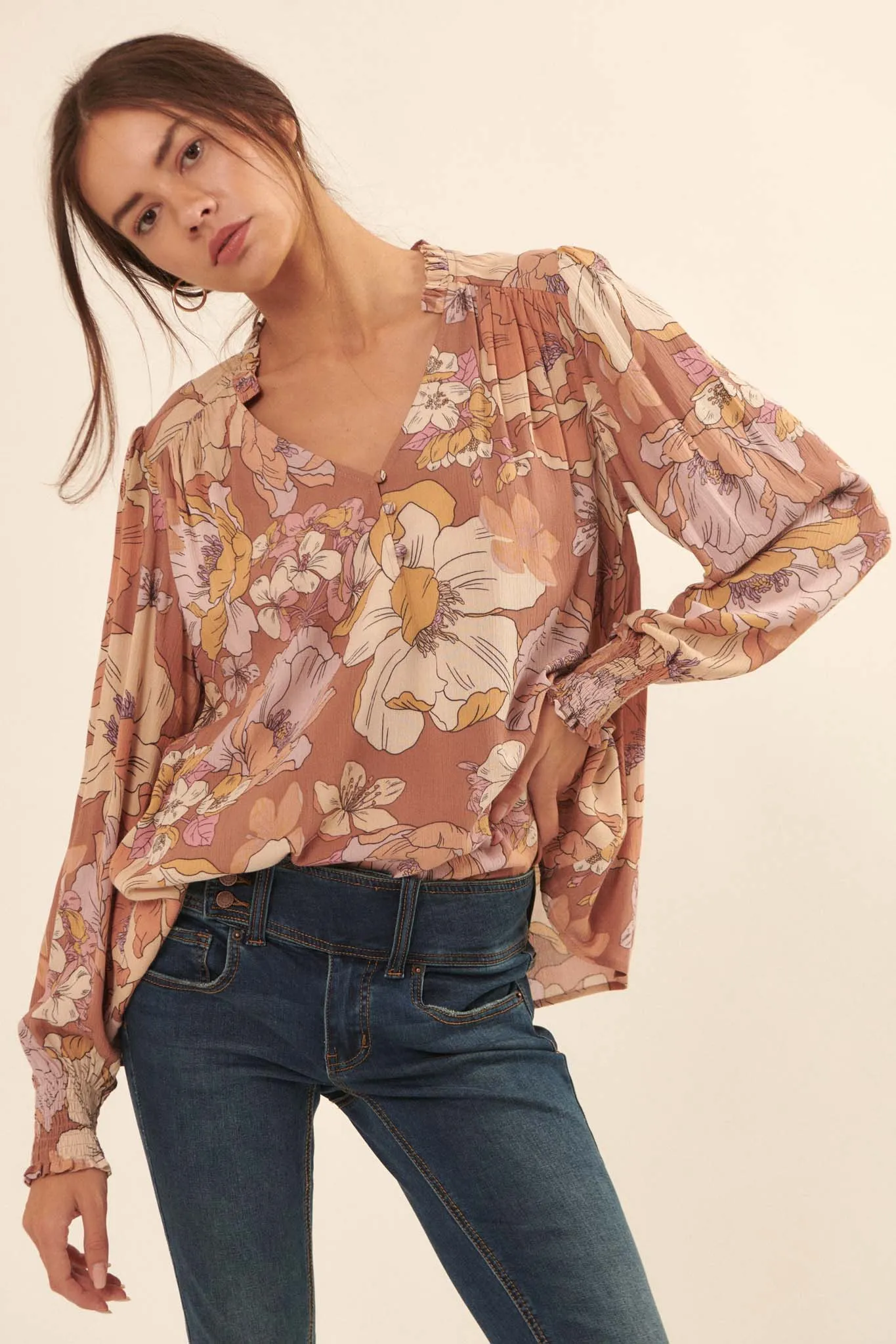 Vintage Blossoms Floral-Print Peasant Top