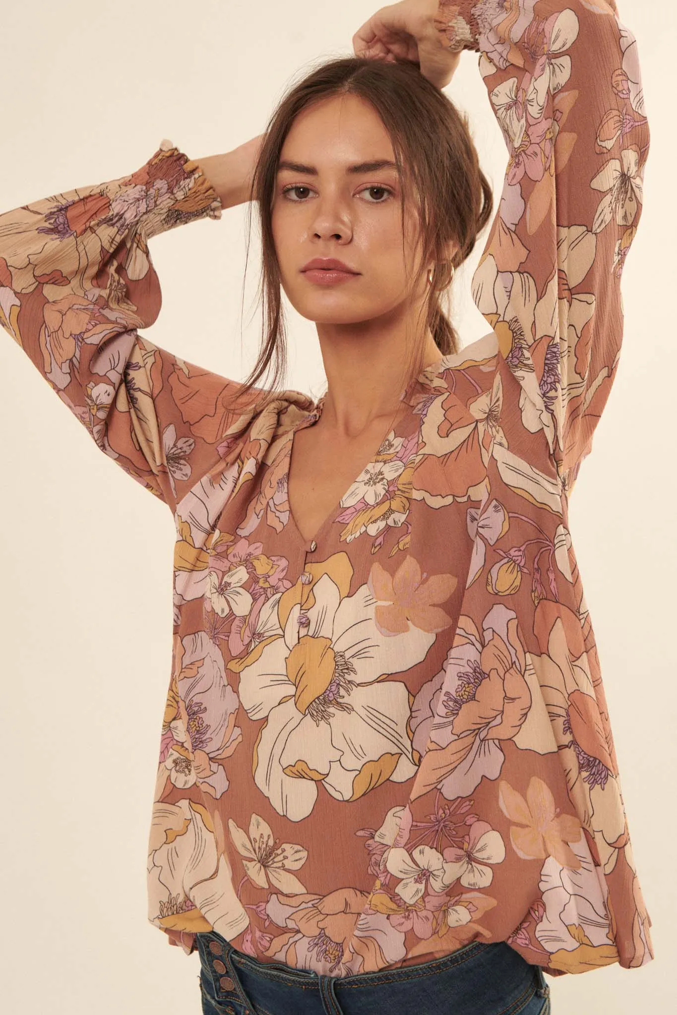 Vintage Blossoms Floral-Print Peasant Top