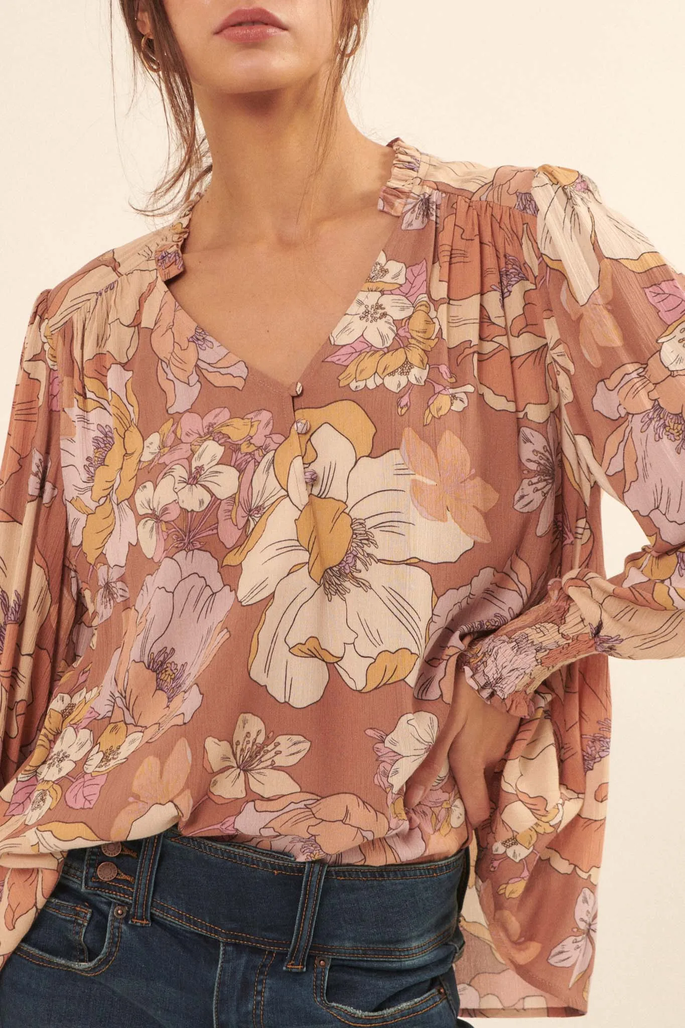 Vintage Blossoms Floral-Print Peasant Top