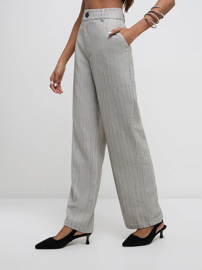 Wardrobe Grey Embellished High-Rise Trousers