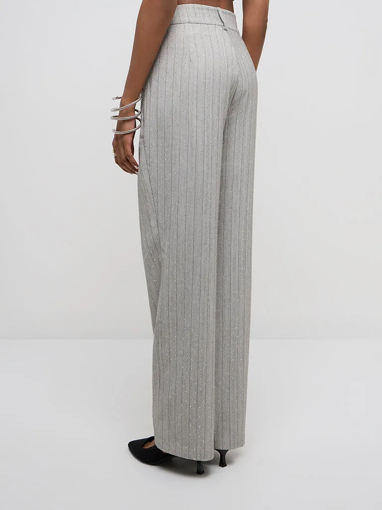 Wardrobe Grey Embellished High-Rise Trousers