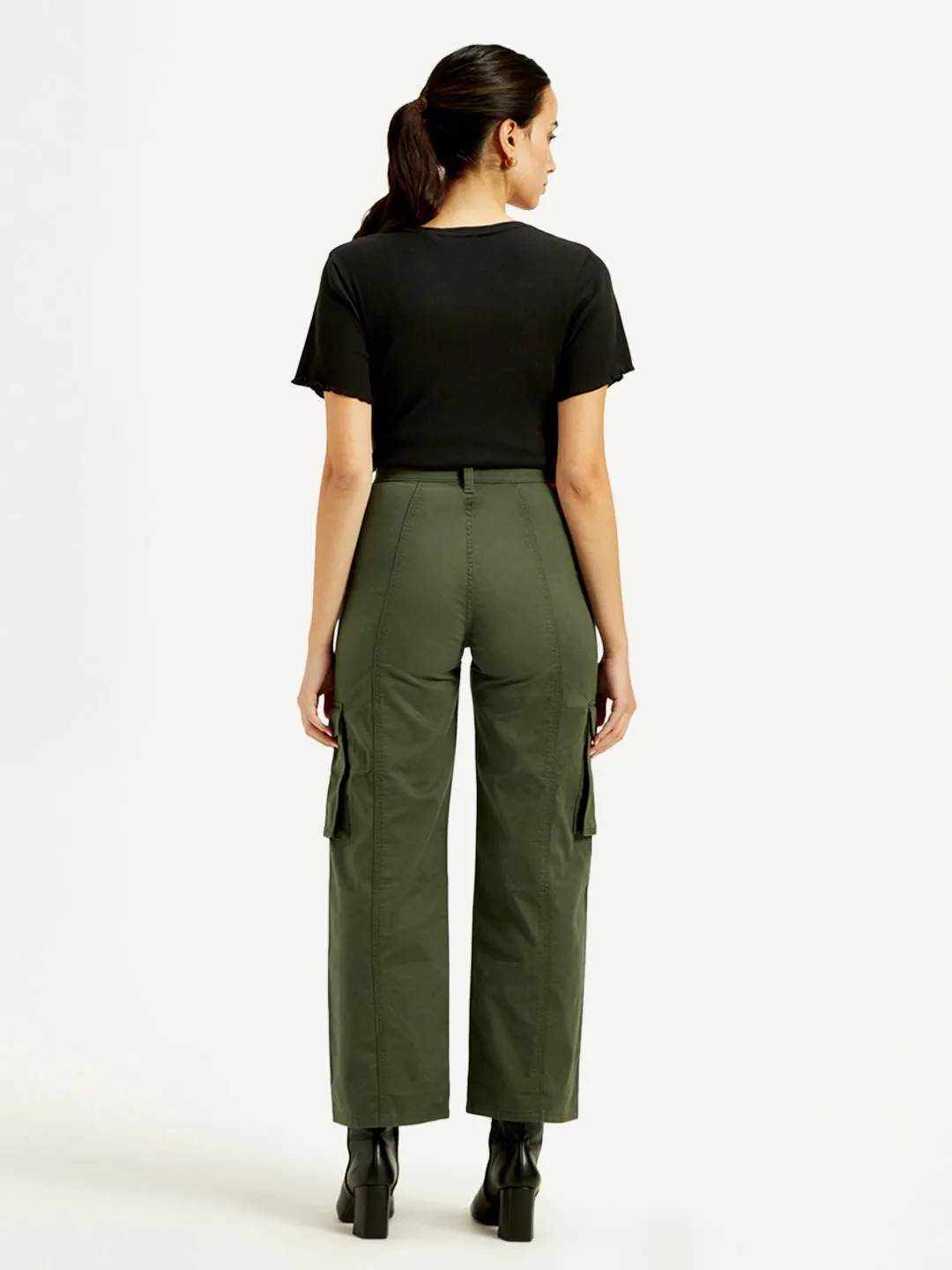 Women's High Rise Olive Wide Leg Cargo Trousers