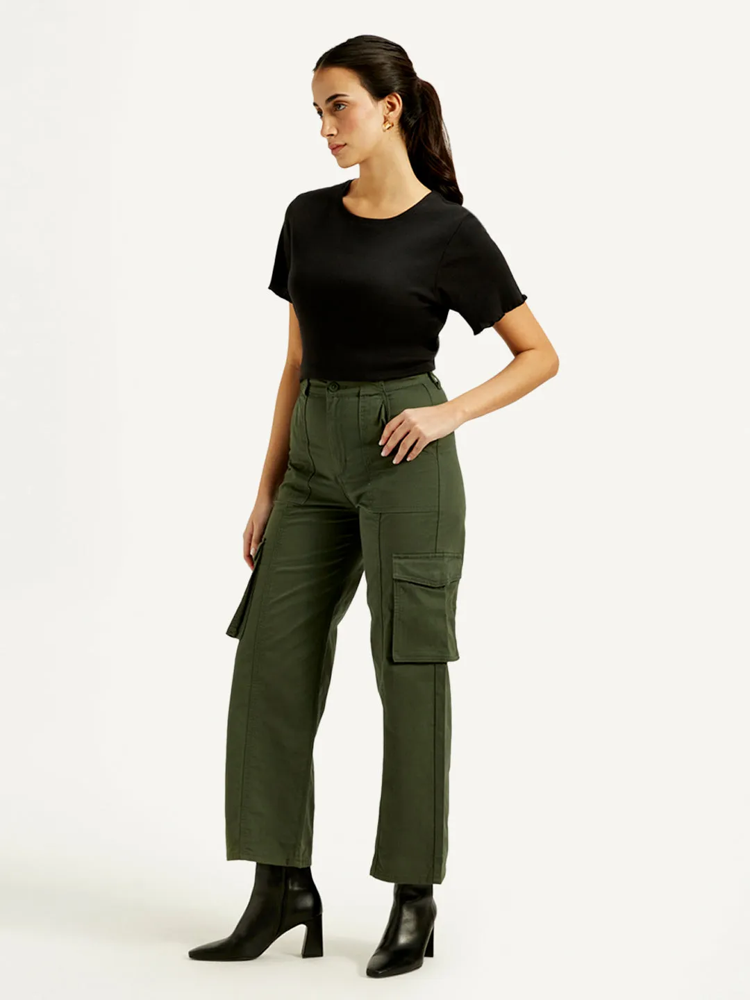 Women's High Rise Olive Wide Leg Cargo Trousers